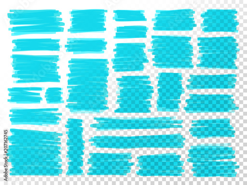 Marker scribbles. Realistic marker strokes. Business. Doodle. Scrawl. Notebook. Highlighter. Sketches set. Blue lines. Business elements set.