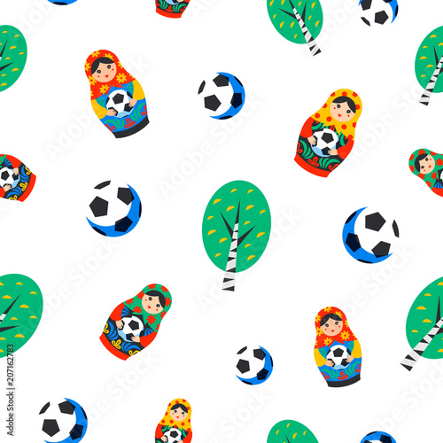 Seamles pattern with Russian Matrioshka, birch and football ball in flat style. Russia symbol with soccer ball. Traditional nesting doll Matreshka with football ball on white background.