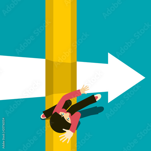 Woman Jumping over Abyss. Jump Over Chasm. Top View Vector Illustration with White Arrow. Obstacle Symbol.