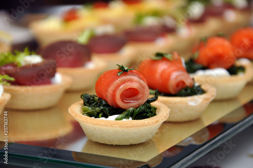 Canape closeup. Smorgasbord at the party.