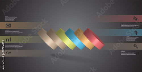 3D illustration infographic template with cylinder horizontally sliced to six spilled parts