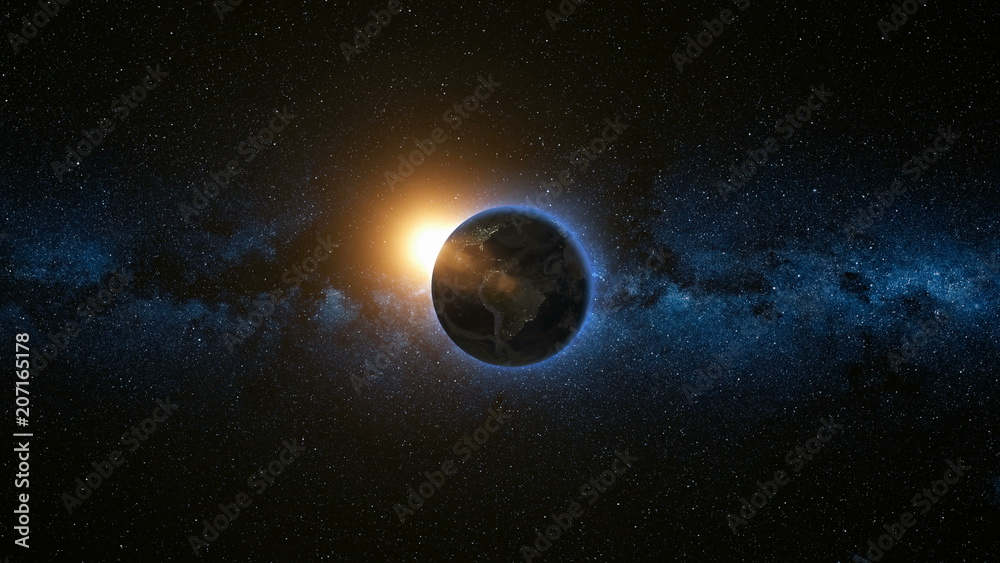 Space view on Planet Earth and Sun Star rotating on its axis in black Universe. Milky Way in the background. Seamless loop with day and night city lights change. Elements of image furnished by NASA Space view on Planet Earth and Sun Star rotating on its axis in black Universe. Milky Way in the background. Seamless loop with day and night city lights change. Elements of image furnished by NASA