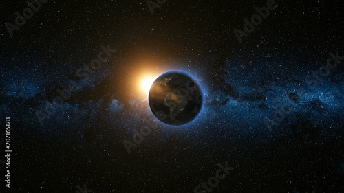 Fototapeta Naklejka Na Ścianę i Meble -  Space view on Planet Earth and Sun Star rotating on its axis in black Universe. Milky Way in the background. Seamless loop with day and night city lights change. Elements of image furnished by NASA