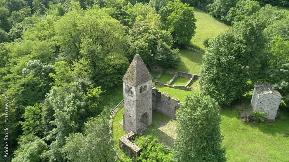 Aerial 4K Abbazia di S. Pietro in Vallate sec. XI Piagno di Cosio Valtellino Valtellina