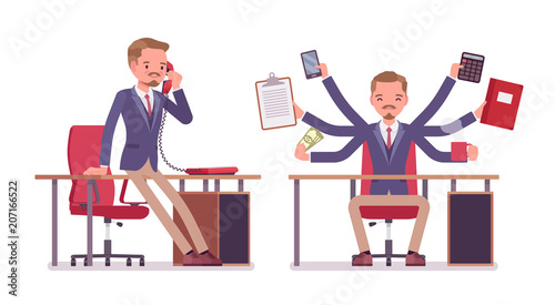 Male office secretary performs multiple tasks