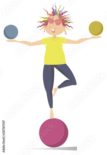 Funny young woman with multicolor hair standing on the ball and doing exercises with the balls in both hands isolated on white illustration