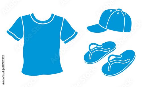 T-shirt, baseball cap, flip-flops thongs slippers isolated, vector icons set.
