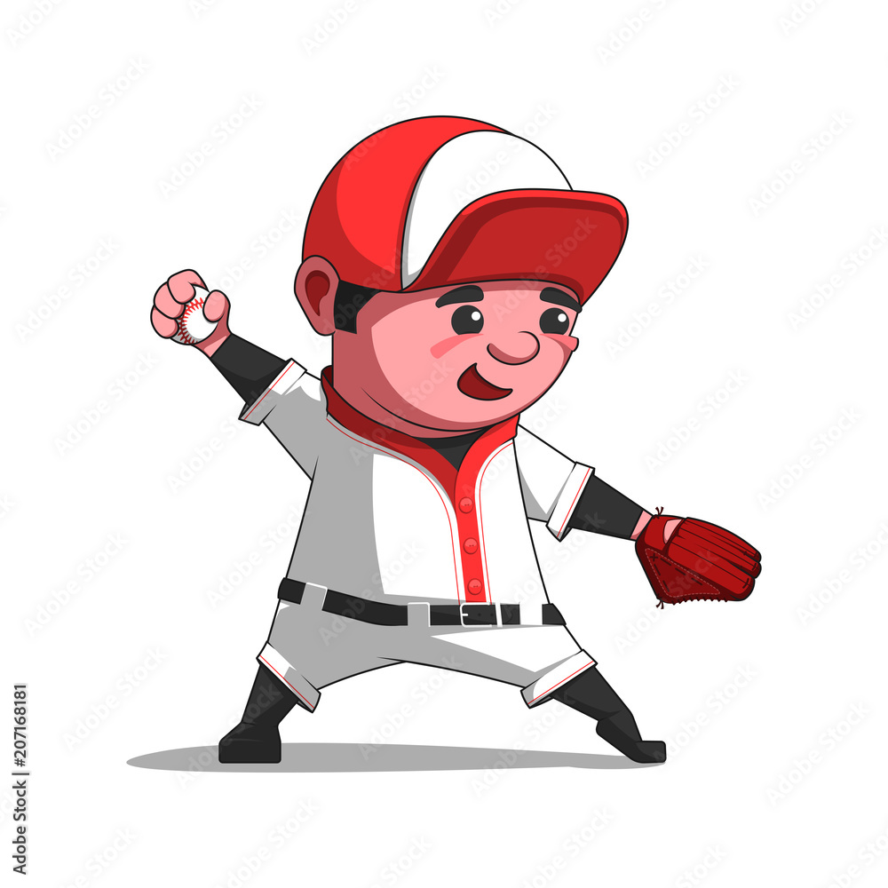 Cartoon baseball player throwing the ball. Pitcher vector illustration