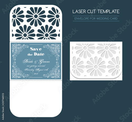 Envelope for wedding invitation or greeting card. Template for laser cutting. Vector illustration