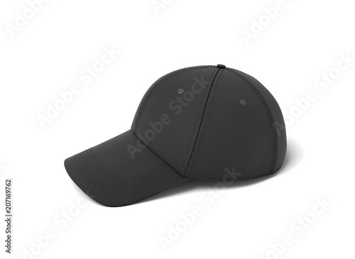 3d rendering of a single new baseball cap made in black textile material lying on a white background.