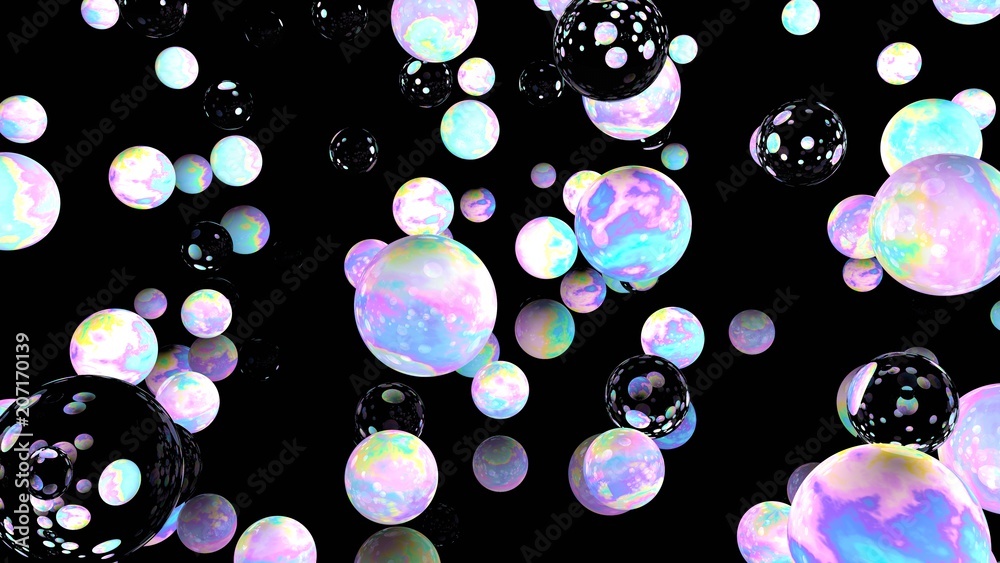 Holographic bubbles on black. 3d illustration. Night sky. Glass backdrop.  Abstract background. Fairy wallpaper. Cosmic. Planets. Pink. Blue. Fantasy.  Unicorn colors. Stock Illustration | Adobe Stock