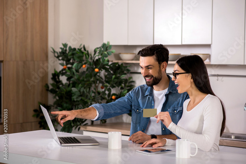 Cheerful yougn couple using their laptop for financial planning photo