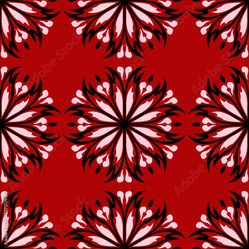 Floral seamless background. Black and white flower pattern on red