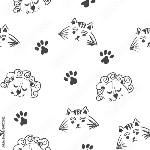 Line art graphic lion and tiger head seamless pattern, cute animals fashion print, wrapping paper design