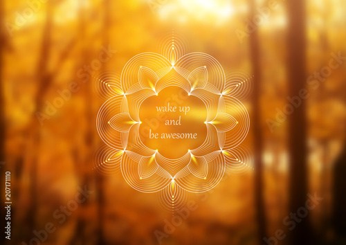 Vector horizontal template for web and social media; Wonderful sacred geometry on landscape blurred background with motivational phrase or place for your text.