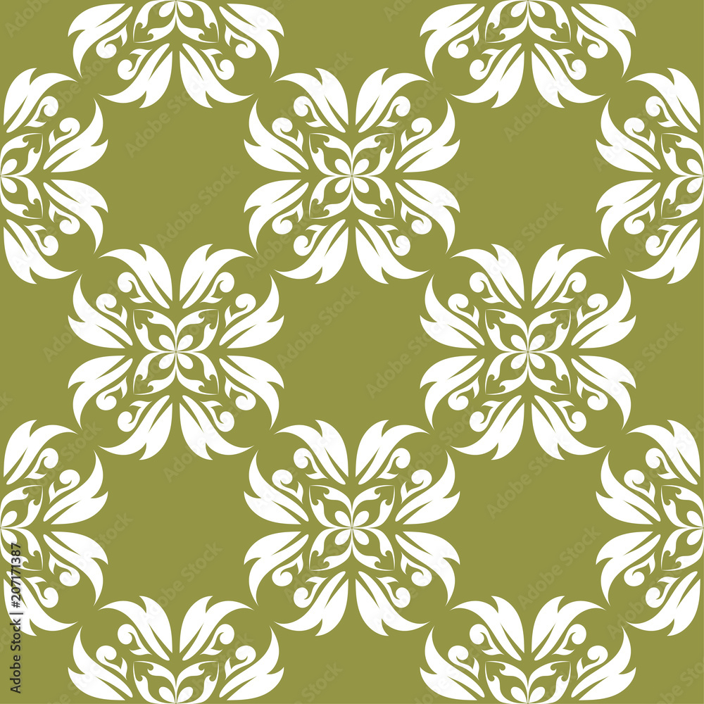 Fototapeta premium White floral seamless pattern on olive green background