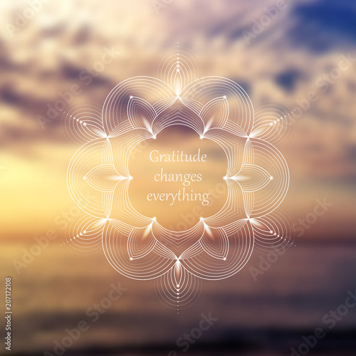 Vector square template for web and social media; Wonderful sacred geometry on landscape blurred background with motivational phrase or place for your text.