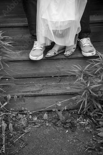 wedding day sitting on the steps