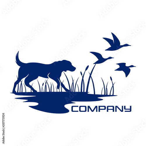 Silhouette of a dog and a logo duck