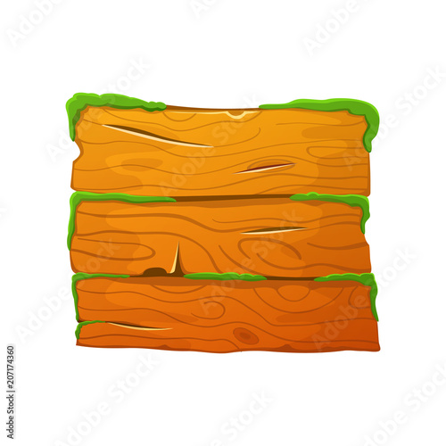 Cartoon wood signboard with green moss. Vector game welcome board isolated on white background.