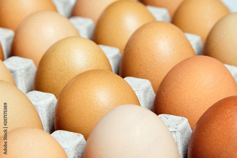 brown and speckled fresh chicken eggs in the cardboard egg tray. Closeup brown and speckled fresh chicken eggs in the cardboard egg tray. Closeup