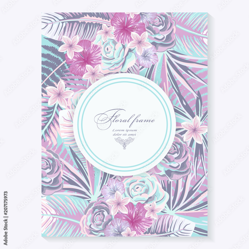 Vector botanical vertical banner with tropical leaves and flowers on light blue background. Design for invitation card, wedding. Vector botanical vertical banner with tropical leaves and flowers on light blue background. Design for invitation card, wedding.