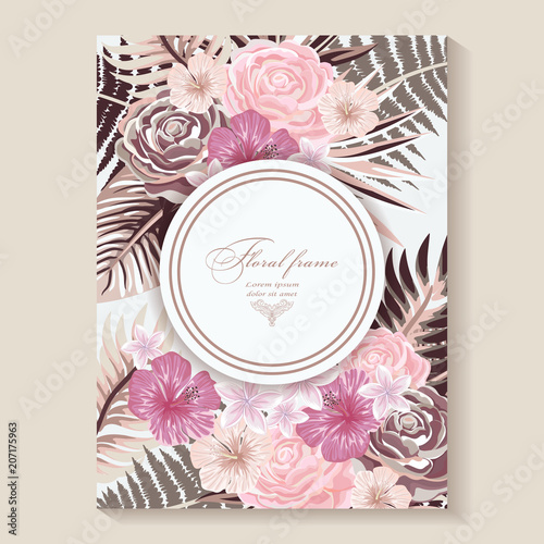 Vector botanical vertical banner   with tropical leaves and flowers on light  background.  Design for invitation card, wedding.