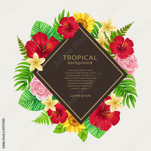 rhombus frame with tropical leaves and flowers on dark background. Vector label or invitation card with space for text.