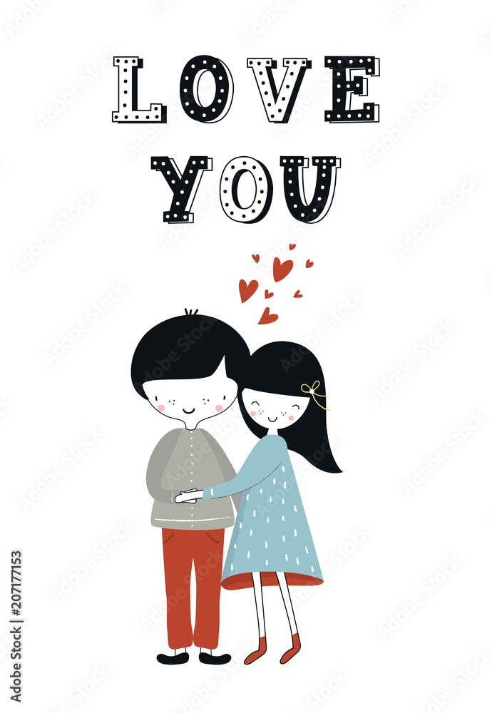 Love you - Cute hand drawn nursery poster with little girl and boy in love in scandinavian style. Love you - Cute hand drawn nursery poster with little girl and boy in love in scandinavian style.