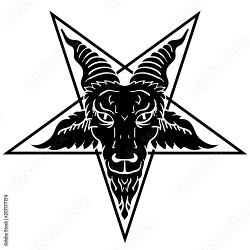 Satanic goat head on pentagram. Baphomet. Illustration for tattoo, print, emblem. photo