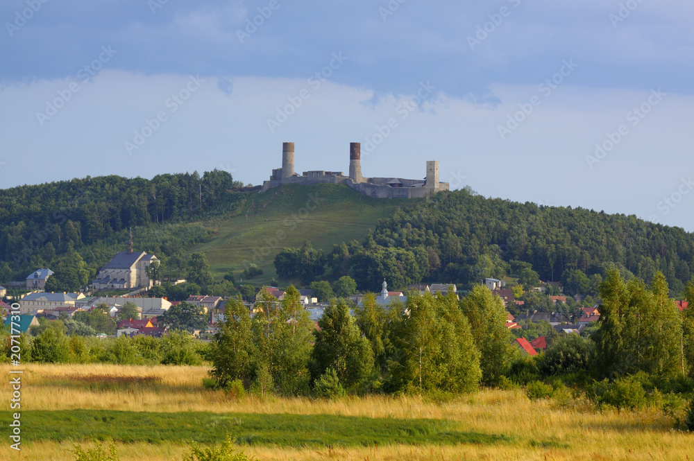 View of a Checiny with Royal Castle on hill over town