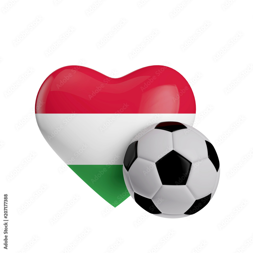 Fototapeta premium Hungary flag heart shape with a soccer ball. Love football. 3D Rendering
