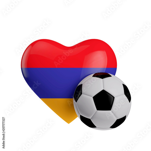 Armenia flag heart shape with a soccer ball. Love football. 3D Rendering