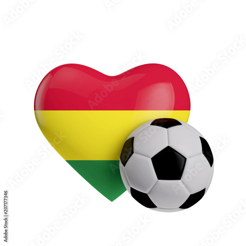 Bolivia flag heart shape with a soccer ball. Love football. 3D Rendering
