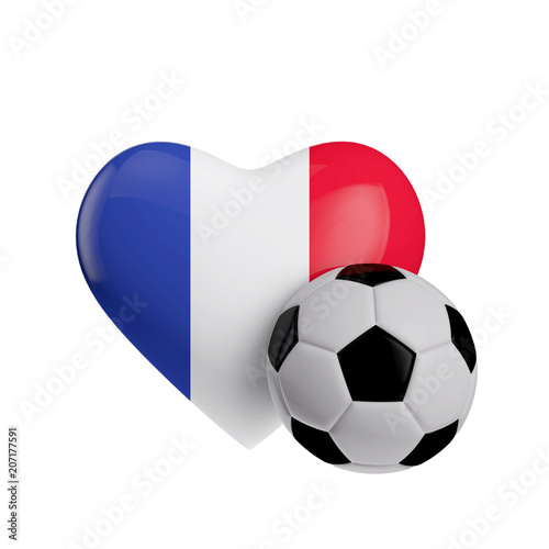 France flag heart shape with a soccer ball. Love football. 3D Rendering