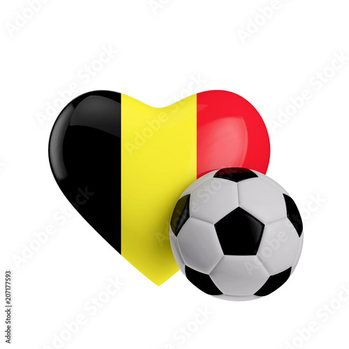 Belgium flag heart shape with a soccer ball. Love football. 3D Rendering