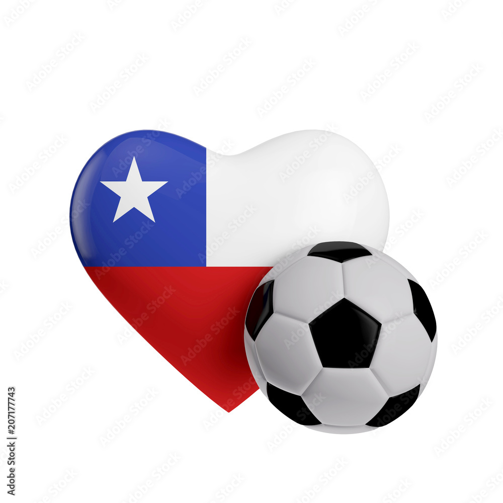 Obraz premium Chile flag heart shape with a soccer ball. Love football. 3D Rendering