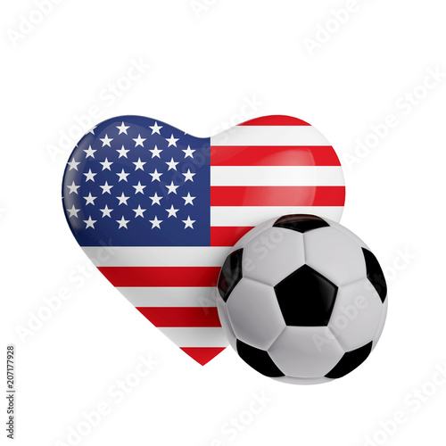 United States flag heart shape with a soccer ball. Love football. 3D Rendering