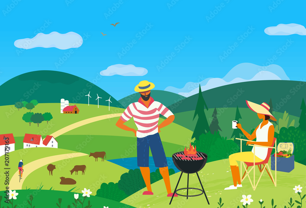 Family barbecue picnic. Summer outdoors concept. Cartoon colorful poster.  Season holiday leisure banner background. Mountain valley in green wood  hills. Weekend BBQ of young happy couple on nature Stock Vector | Adobe