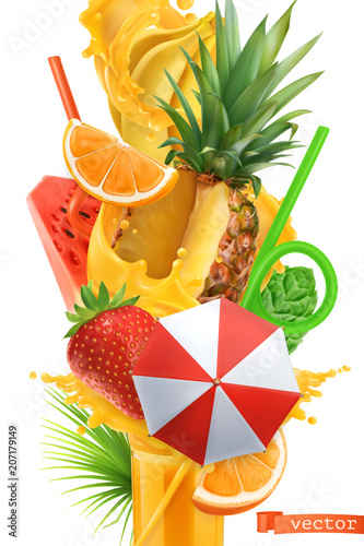 Splash of juice and sweet tropical fruits. Summer cocktail 3d vector