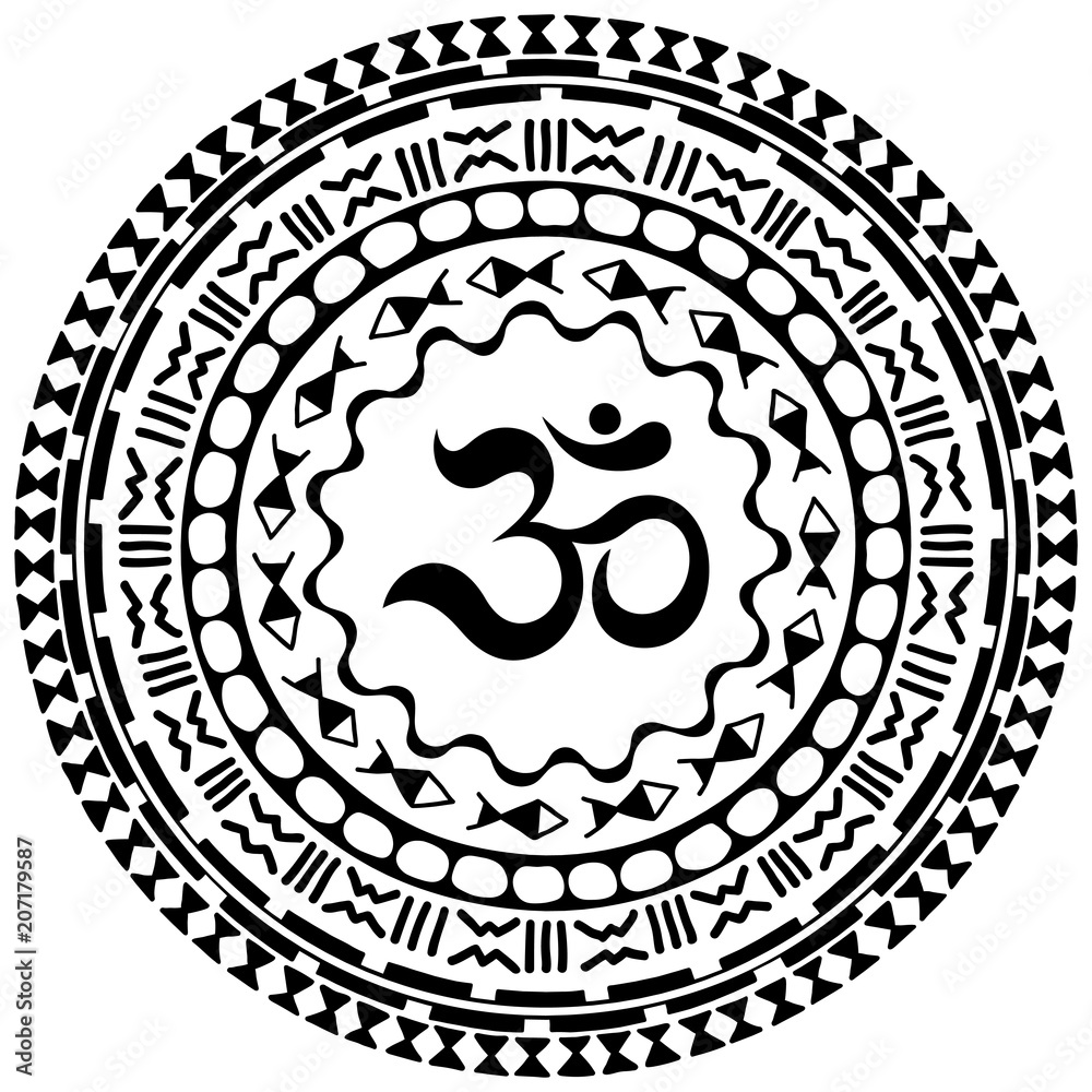 Circular pattern in form of mandala with symbol mantra Om. Traditional ornaments of Maori people - Moko style. Vintage decorative tribal border from elements of African theme. Circular pattern in form of mandala with symbol mantra Om. Traditional ornaments of Maori people - Moko style. Vintage decorative tribal border from elements of African theme.