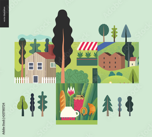 Simple things - houses - flat cartoon vector illustration of landscape, countryside house, tee meal, building, farm, trees, camp, jam, bakery, out of town, balcony with plants - houses composition