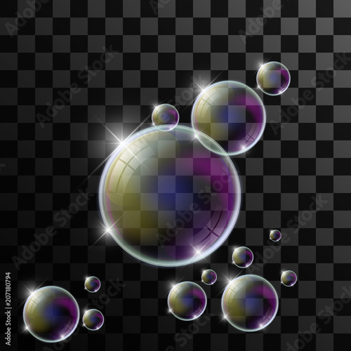 Multicolored realistic soap bubbles set with rainbow reflection on transparent background. Water sphere. 3D Vector illustration.