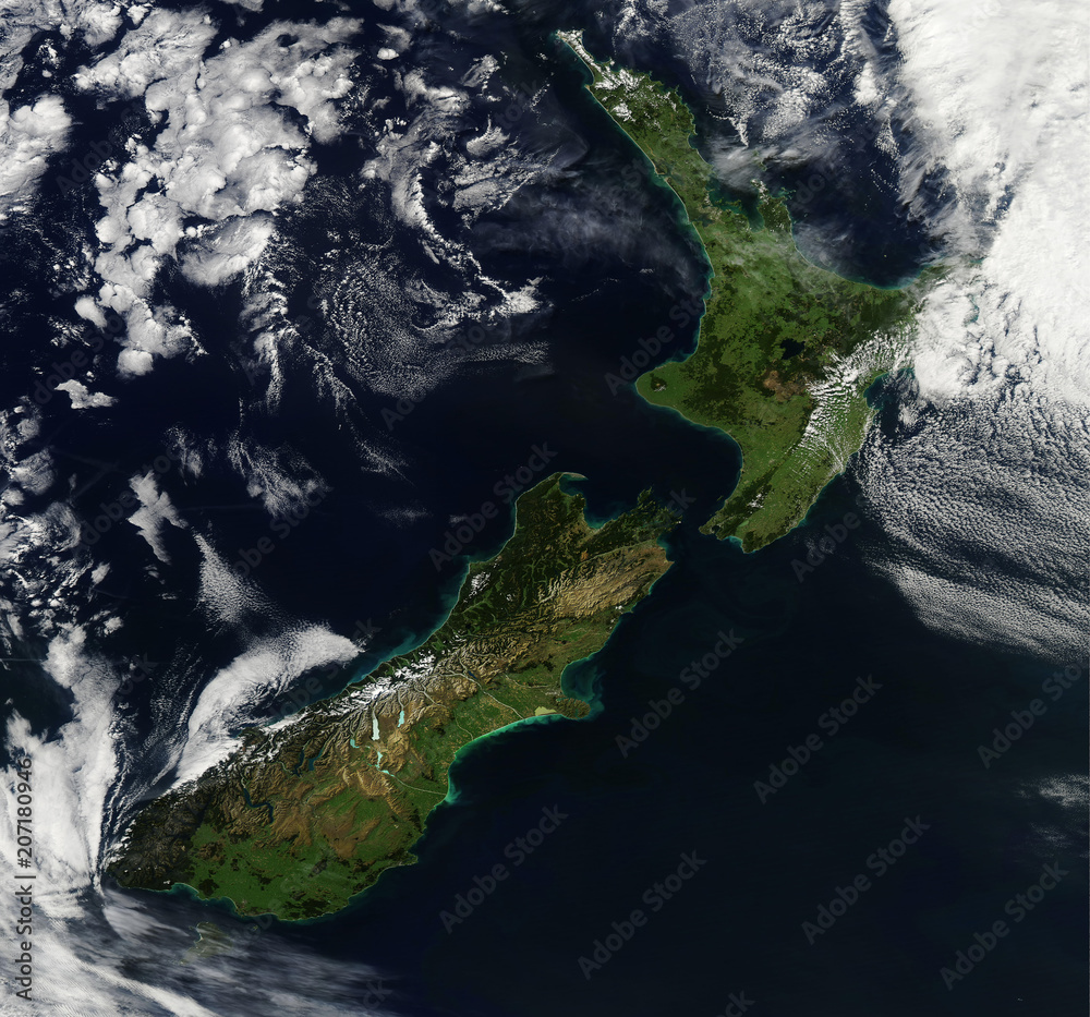 Satellite view of New Zealand from space. Elements of this image furnished by NASA.