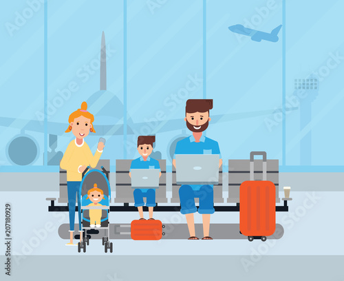 Happy parents traveling with their children at the airport.