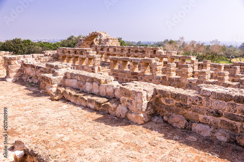Ancient stone building ruins archaeologic site park.