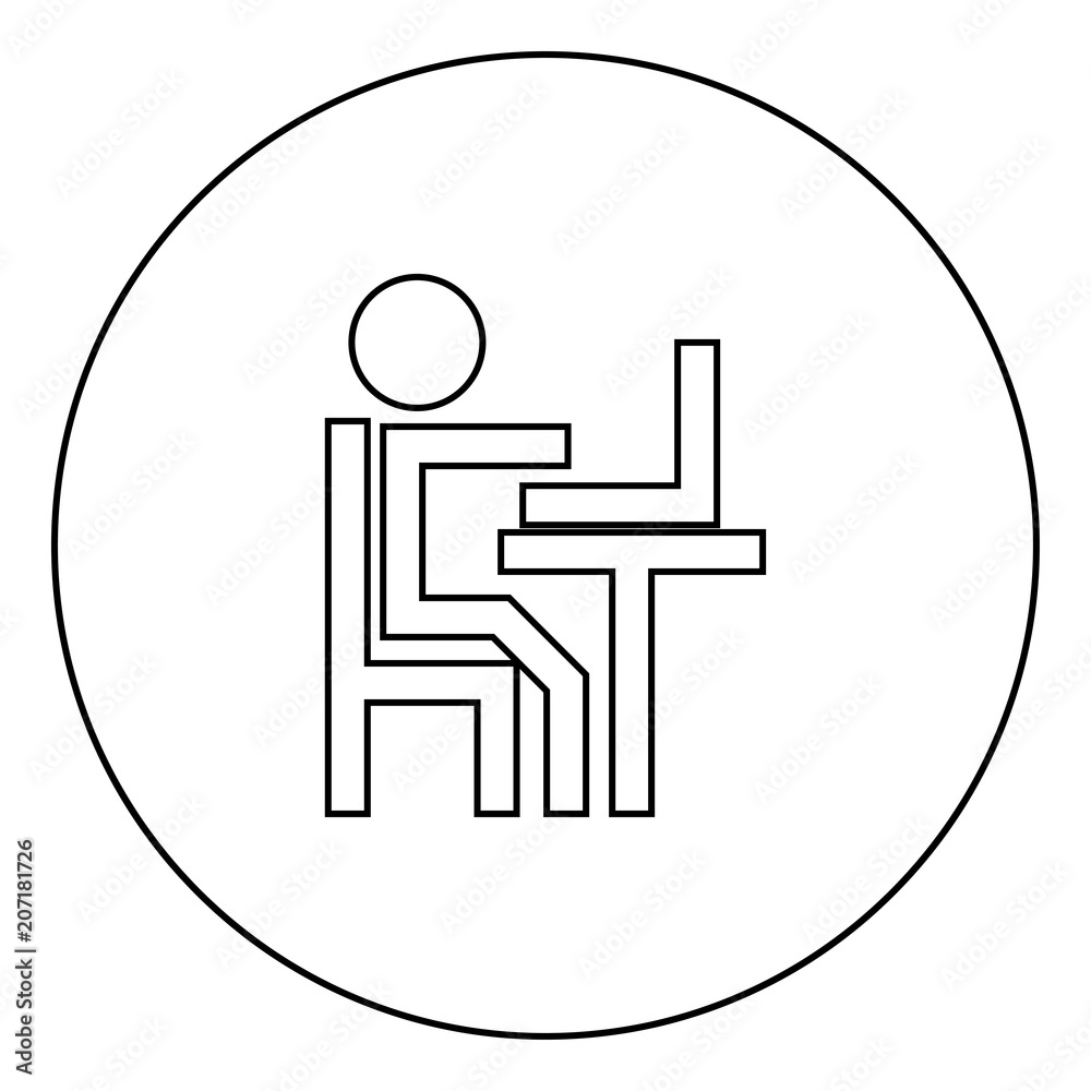 Human working at the laptop black icon in circle outline Human working at the laptop black icon in circle outline