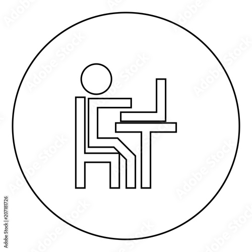 Human working at the laptop black icon in circle outline