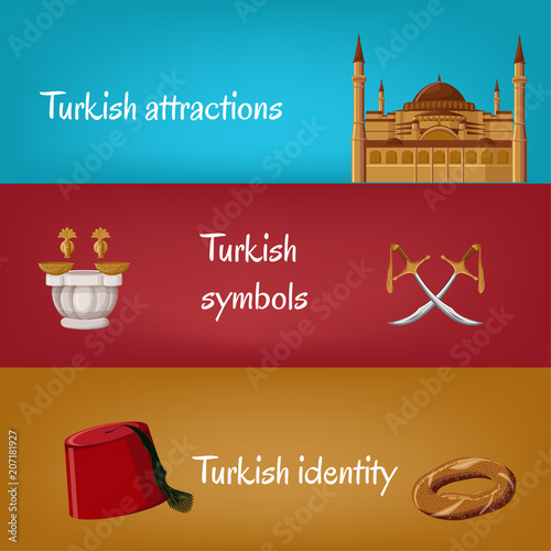 Turkish touristic banners with traditional symbols fez, simit, swords, hammam, Hagia Sophia.