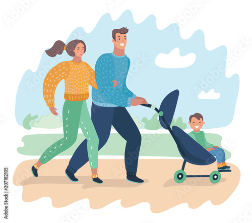 Happy young family with a baby carriage i photo